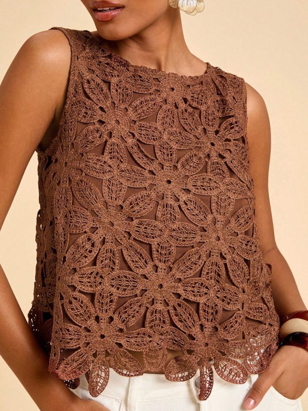 Coffee Brown Boho Crochet Women's Sleeveless Crew Neck Top Vacation Beach - Picture 5 of 7